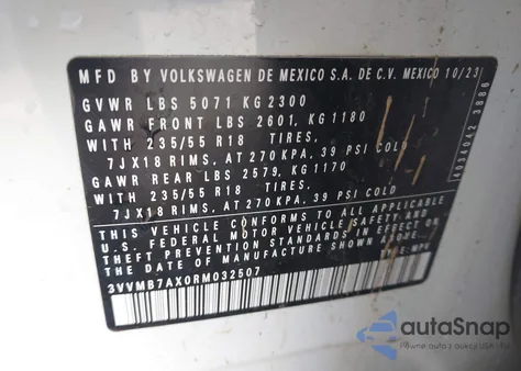 2024 Volkswagen Tiguan 2.0T Se/2.0T Wolfsburg Edition z USA, uszkodzony, nr VIN 3VVMB7AX0RM032507